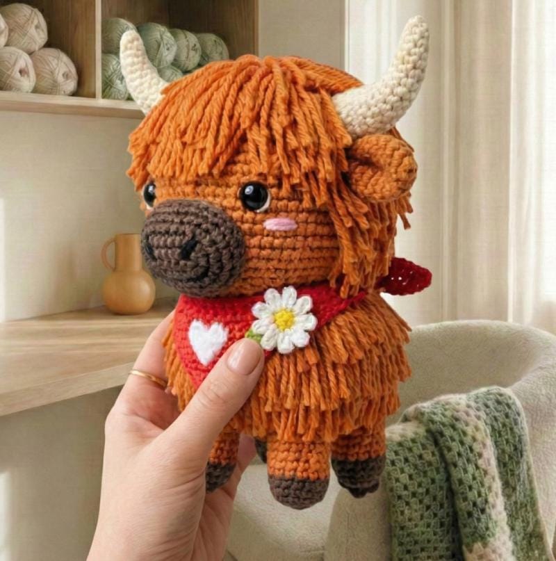 Cow Lua Highland Cow Crochet Pattern, Shaggy Amigurumi Calf With Heart Bandana ...