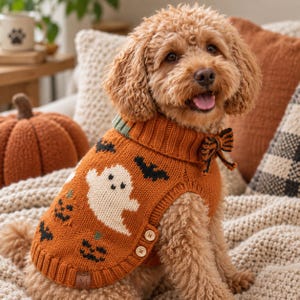 Könnte beinhalten: Ein lockiger Hund trägt einen orangefarbenen Strickpullover mit Mustern aus weißen Geistern, schwarzen Fledermäusen und Kürbissen. Der Pullover hat einen gerippten Rollkragen, eine kleine dekorative Schleife und zwei seitliche Knöpfe.