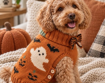 Halloween-Hundepullover-Strickmuster (PDF), Geister-Kürbis-Haustierpullover, Größe M