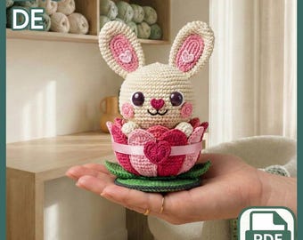 Patrón de crochet de conejito amigurumi Heartbud, nido de flor de loto (descarga digital en PDF)