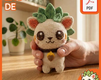 Patrón de gatito a crochet, gato amigurumi del bosque con crin de hojas (descarga digital)