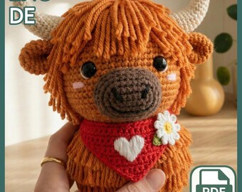 Patrón de crochet de vaca de las Tierras Altas, ternero peludo amigurumi con bandana de corazón (patrón PDF, ING/DE)