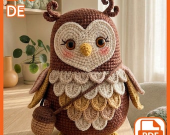 Crochet Owl Pattern PDF, Woodland Amigurumi Plush with Acorn Bag (English/German Download)