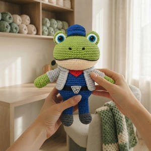 Peut inclure: Une peluche grenouille au crochet portant une casquette bleue, un gilet gris clair ouvert, un foulard rouge et une combinaison bleue avec une ceinture noire dotée d'une boucle triangulaire argentée. La grenouille a de grands yeux bleu et blanc.