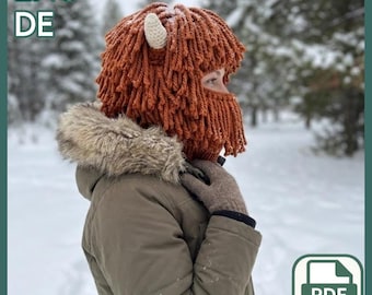 Patrón de pasamontañas de crochet de vaca de las Tierras Altas: capucha de pelo grueso, gorro de invierno llamativo, PDF de nivel intermedio