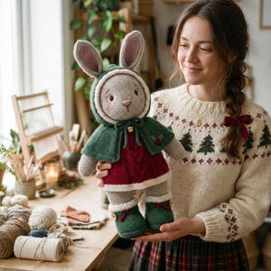 May include: A knitted rabbit doll wearing a dark green hooded cape with a small bell, a deep red cable-knit dress, and matching green boots with wooden buttons. The rabbit has light brown fur, pink cheeks, and long ears with pink inner lining.