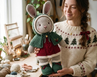 Christmas Bunny Knitting Pattern PDF, Woodland Rabbit Doll with Hooded Cape, Boots & Gifts