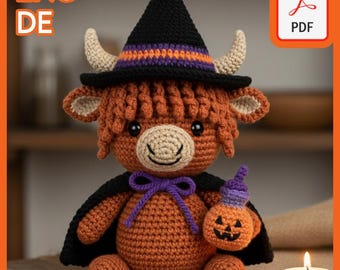 Patrón de Halloween de vaca de las Tierras Altas a crochet: Bruja Amigurumi (PDF)