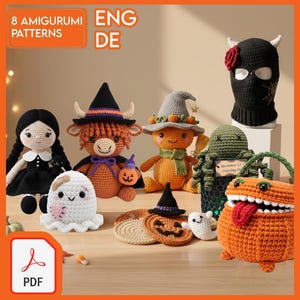 May include: A collection of eight handmade amigurumi crochet patterns for Halloween. The patterns include a witch, a ghost, a pumpkin, a bull, and a balaclava. The image includes the text "8 Amigurumi Patterns" and "ENG DE".