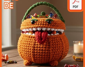Patrón de crochet del caldero de calabaza hambrienta (PDF) / Cesta de dulces de Halloween (Amigurumi) (ING + DE)