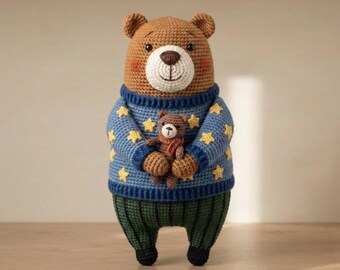 Teddybär-Häkelanleitung (PDF), Amigurumi mit Sternenpullover und Mini-Teddybär