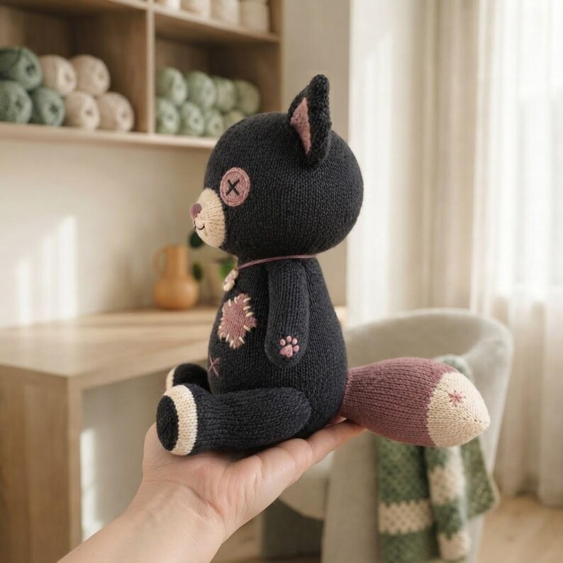 Op de afbeelding: Een zwart gebreid pluche kattenspeeltje met een cr&egrave;mekleurige snuit, roze binnenoren en een roze lapje op de borst. De kat heeft een knoop-oog met een X-steek, een lange staart met een cr&egrave;mekleurige punt en geborduurde pootdetails op de voeten.