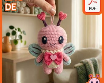 Patrón de crochet para amigurumi Love Bug (PDF), peluche Flutterbug con antenas de corazón, regalo de San Valentín, 16,5 cm, nivel intermedio