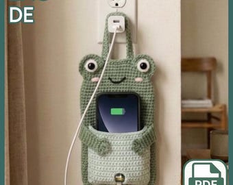 Patrón de bolsillo de carga para teléfono con forma de rana de crochet (PDF)