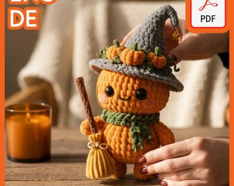 Patrón de crochet de amigurumi de bruja calabaza: Peluche de Halloween (PDF)