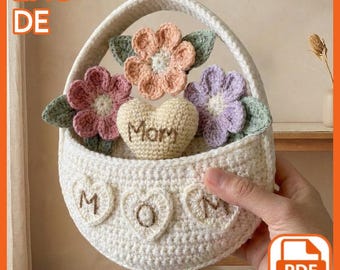 Crochet Mom Basket Pattern, Floral Heart Amigurumi Decor (PDF Download)