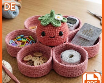 Strawberry Crochet Catchall Tray Pattern, Flower Organizer, Sewing Notions Holder (PDF)