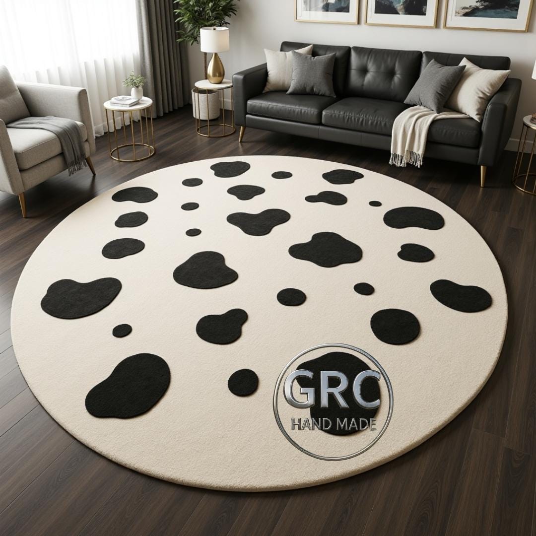 Hand-tufted Wool Round Rug | Modern Black and White Spots - Etsy