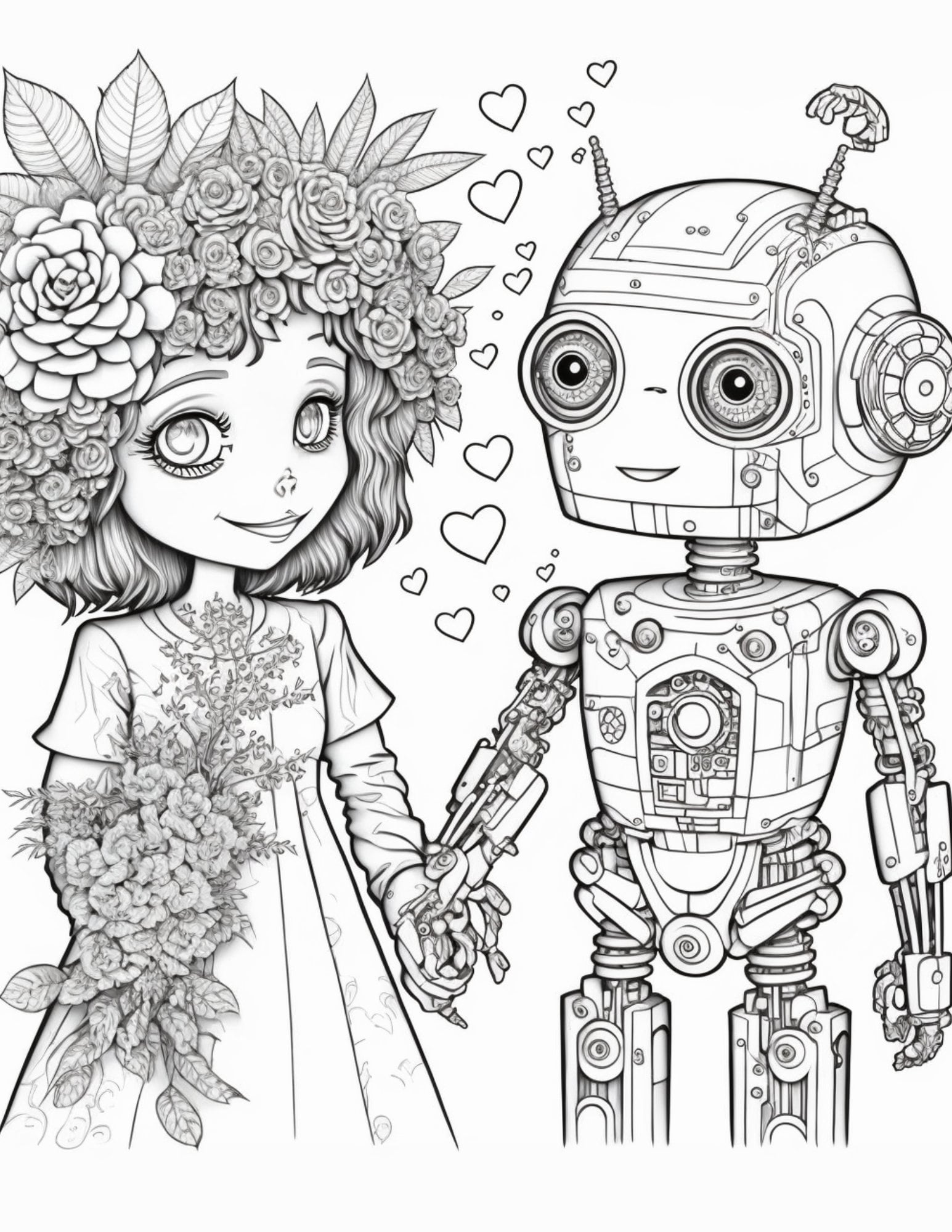 Printable Robot Love Coloring Pages, Adults or Kids, Valentine