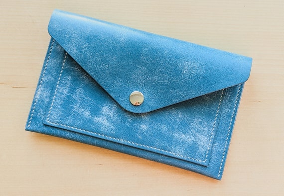 Sky Blue Hand Sewn Italian Leather Envelope Cash/card Wallet - Etsy 