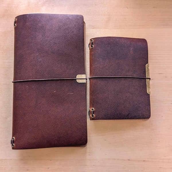 Dark Brown Horween Cypress Midori/Traveler's size and Passport size Leather travel notebook