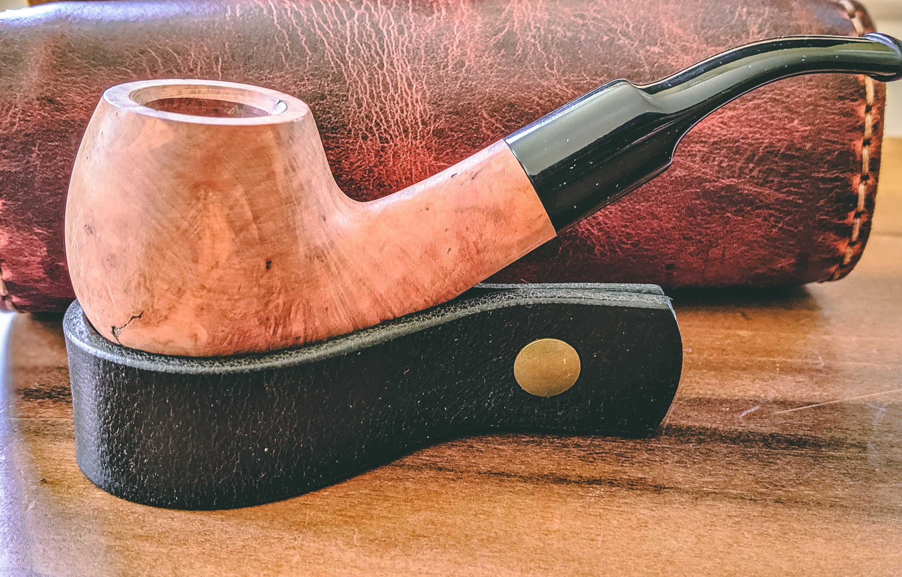 Black Leather Pipe Rest With Antique Brass Accent