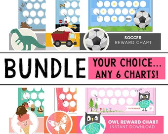 May include: A bundle of six printable reward charts for kids. The charts feature different themes, including dinosaurs, construction vehicles, soccer, owls, ice cream, and butterflies. Each chart has a colorful design and includes a grid of circles for tracking progress.