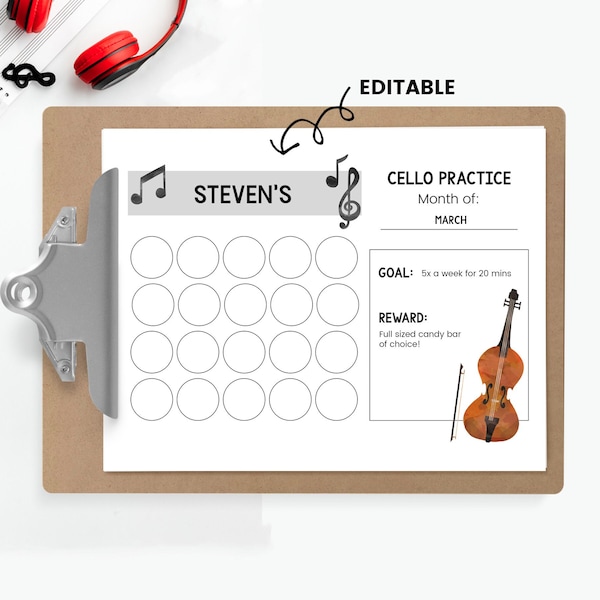 Cello Practice Chart, Printable Practice Log, Cello Practice Tracker, Cello Teacher Resource, Cello Lesson Assignment Sheet, Editable