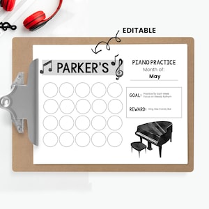 Piano oefenschema, afdrukbaar oefenlogboek, piano oefentracker, bron voor pianoleraar, opdrachtblad pianoles, bewerkbaar