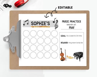 Pode incluir: Um gráfico de prática musical imprimível com um design preto e branco. O gráfico tem um título que diz "Sophie's Music Practice" e inclui uma meta de praticar 5 vezes por semana durante 20 minutos. A recompensa por completar o gráfico é uma barra de chocolate King Sized.