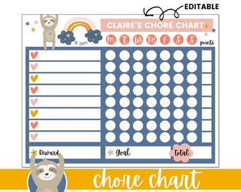 Puede incluir: Un colorido cuadro de tareas con una ilustración de perezoso. El cuadro presenta una cuadrícula azul para el seguimiento de tareas, con el texto "CLAIRE'S CHORE CHART" en la parte superior. Incluye las palabras "Reward", "Goal" y "Total".