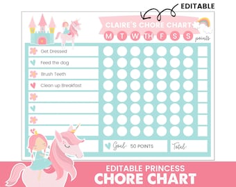 Editable Princess Chore Chart, Kids Chore Chart, Reward Chart, Toddler Reward Chart, Printable