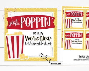 New Neighbor Gift, Treat Tag, Popcorn, Welcome To The Neighborhood, Just Poppin&#39; By