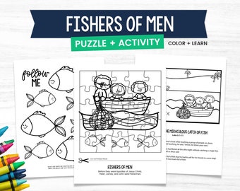 May include: Black and white coloring pages featuring a puzzle of Jesus and his disciples in a boat with a net full of fish. The text "Fishers of Men" and "The Miraculous Catch of Fish" is included.
