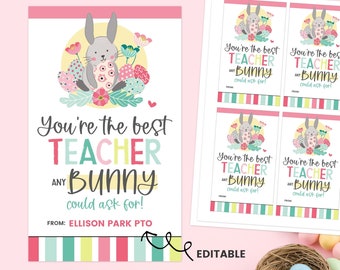 May include: Easter-themed printable cards with a bunny illustration and the text "You're the best TEACHER any BUNNY could ask for!". The design includes colorful eggs, flowers, and a striped border. The word "EDITABLE" is also visible.