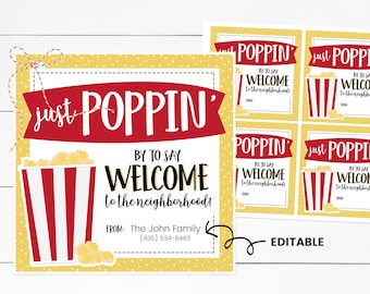 New Neighbor Gift, Treat Tag, Popcorn, Welcome To The Neighborhood, Just Poppin&#39; By