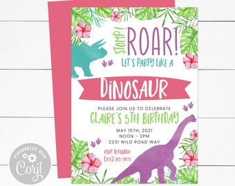 Girl Dinosaur Birthday Invitation, Dinosaur Birthday Invitation, Dinosaur Birthday, Birthday Invitation
