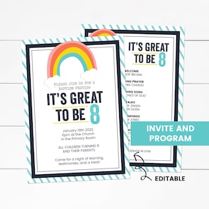 May include: A colourful invitation featuring a rainbow graphic and the text "It's Great to Be 8". The invitation is for a baptism preview on 19th January 2022 at 6pm at the church in the primary room. It invites all children turning 8 and their parents to come for an evening of learning, testimonies, and a treat.