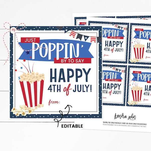 4th of July Popcorn, Fourth of July Printable Tag, Independence Day Treat Tag, Customer Appreciation Tag, Staff Thank You Tag, Editable