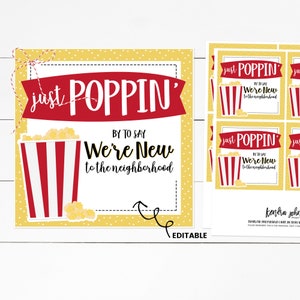 Cadeau de nouveau voisin, étiquette de friandise, pop-corn, bienvenue dans le quartier, juste Poppin' By