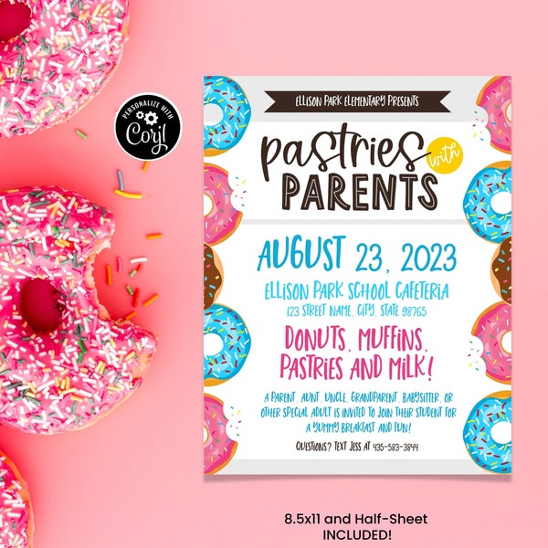 Pastries With Parents Flyer, Donuts with Dads, School PTA Event, School Breakfast Flyer, Parent Breakfast, Printable PTA Flyer, Corjl Design