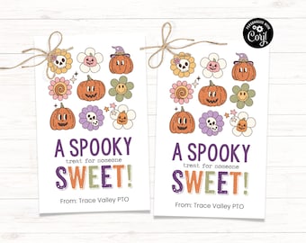 May include: Two printable Halloween treat tags with a spooky theme. The tags feature a variety of colorful illustrations including pumpkins, skulls, flowers, and stars. The text on the tags reads "A Spooky Treat for Someone Sweet!" and "From: Trace Valley PTO".