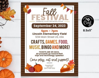 Puede incluir: Un folleto marrón y naranja con un tema de festival de otoño. El folleto anuncia un festival de otoño en la escuela primaria Lincoln el 24 de septiembre de 2023, de 5 pm a 7 pm. El folleto incluye información sobre el evento, incluida la ubicación, las actividades y los precios de las entradas. El folleto también incluye un número de contacto para preguntas.