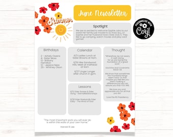 Relief Society Newsletter Template, Summer Newsletter Template, Relief Society Newsletter, Church Newsletter Template, RS Monthly Newsletter