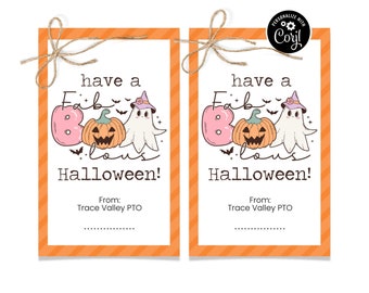 May include: Two orange and white striped cards with a ghost and pumpkin design. The text on the cards reads "have a Fab-ulous Halloween!" and "From: Trace Valley PTO".