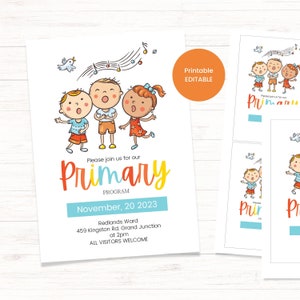 Può includere: Invito stampabile per un programma di scuola primaria. L'invito presenta un'illustrazione colorata di tre bambini che cantano con note musicali e un uccello. Il testo recita "Si prega di unirsi a noi per il nostro programma di scuola primaria, il 20 novembre 2023, Redlands Ward, 459 Kingston Rd. Grand Junction alle 14:00, TUTTI I VISITATORI SONO I BENVENUTI."