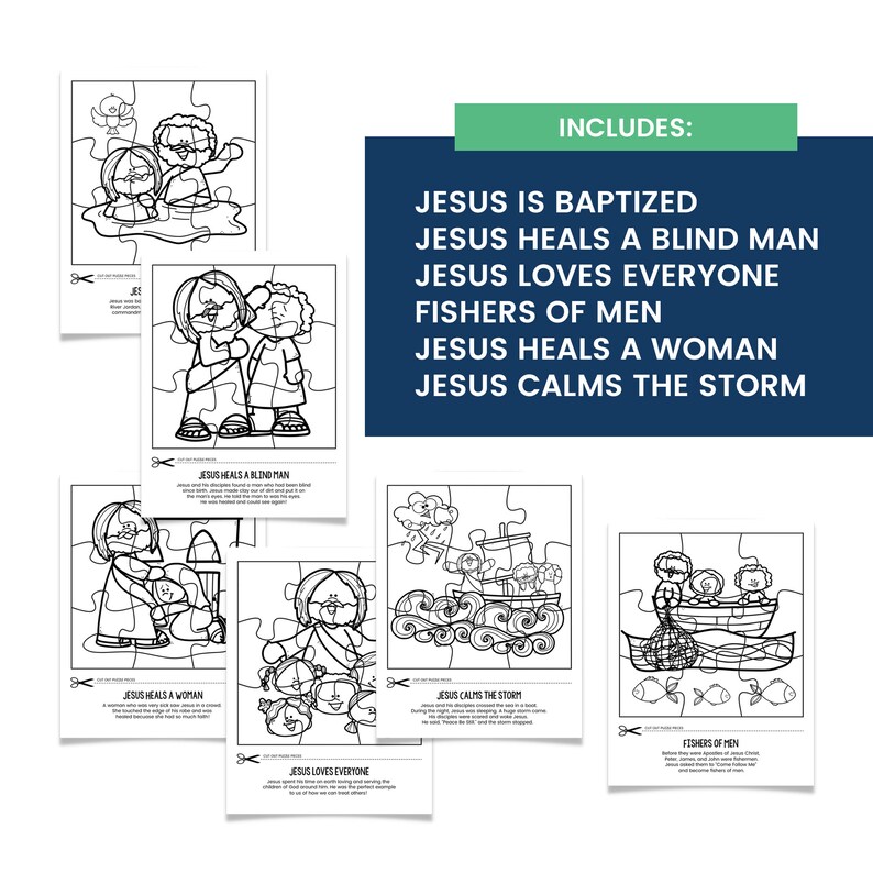 May include: Black and white coloring pages featuring different Bible stories, including Jesus being baptized, Jesus healing a blind man, Jesus loving everyone, fishers of men, Jesus healing a woman, and Jesus calming the storm. Each page includes a title and a short description of the story.