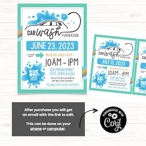 May include: A car wash fundraiser flyer with a teal and white design. The flyer includes the date, time, location, and a $10 donation suggestion. The text reads "Car Wash Fundraiser" and "Red Rock Cheer Team".