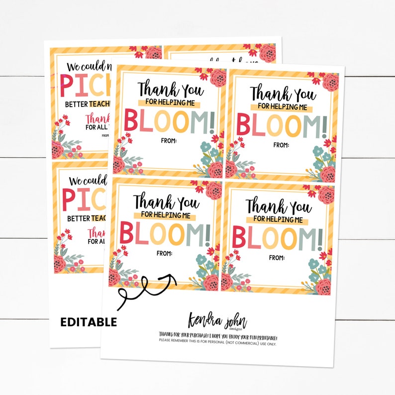 K&ouml;nnte beinhalten: Druckbare Dankesch&ouml;n-Etiketten mit einem floralen Design und dem Text "Vielen Dank, dass du mir beim Bl&uuml;hen hilfst!" Die Etiketten sind gelb und wei&szlig; mit einem rosa und blauen Blumendesign. Der Text ist in Schwarz und Grau. Die Etiketten sind editierbar.