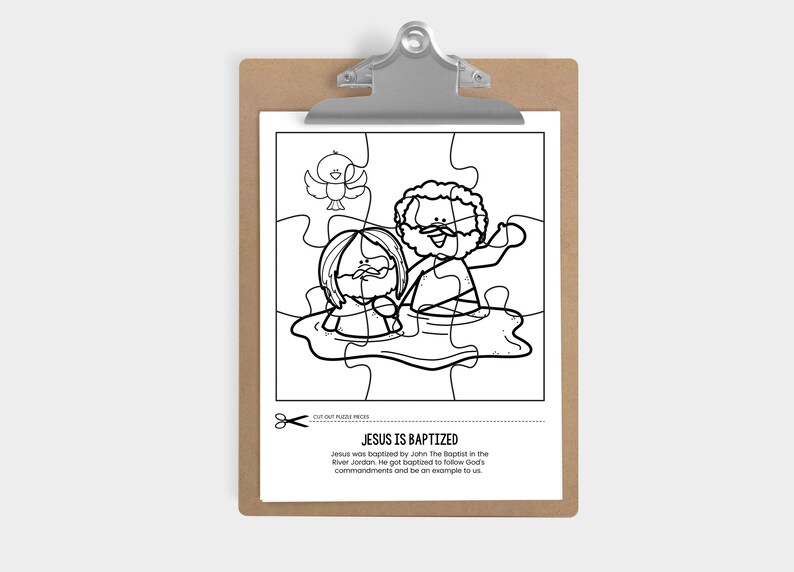 May include: Black and white printable puzzle featuring a scene of Jesus being baptized by John the Baptist. The puzzle includes a dove flying above them. The text "JESUS IS BAPTIZED" is included below the puzzle.
